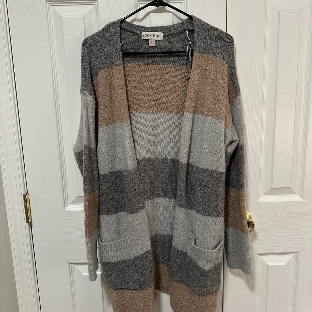Knox Rose Striped Open-Front Cardigan in Gray & Brown